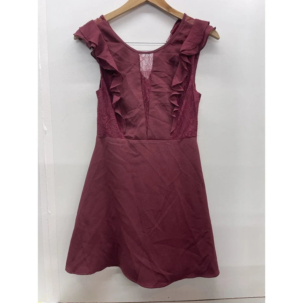 BCBGeneration Burgundy‎ Lace Ruffle Fit and Flare Cocktail Mini Dress Womens 2